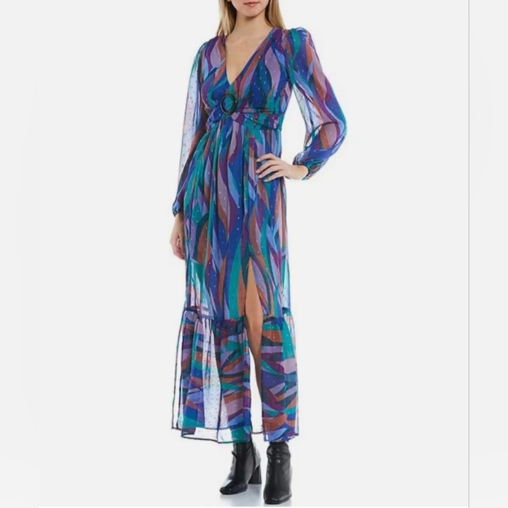 Evolutionary Printed O-Ring Waist Long Sleeve Maxi Dress